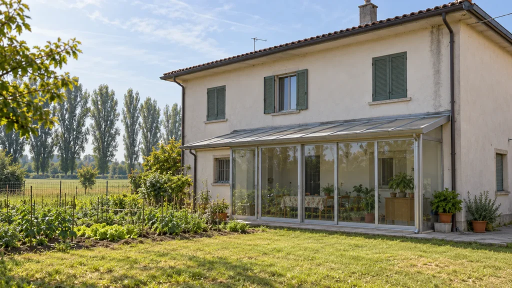 Retro di una casa intonacata con veranda vetrata aggiunta e orto, nella pianura isontina